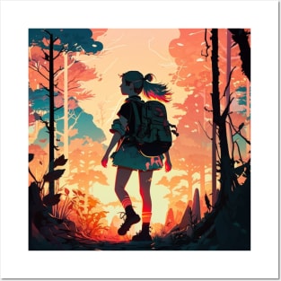 Girl trekking in the woods with a beautiful sunset effect. Posters and Art